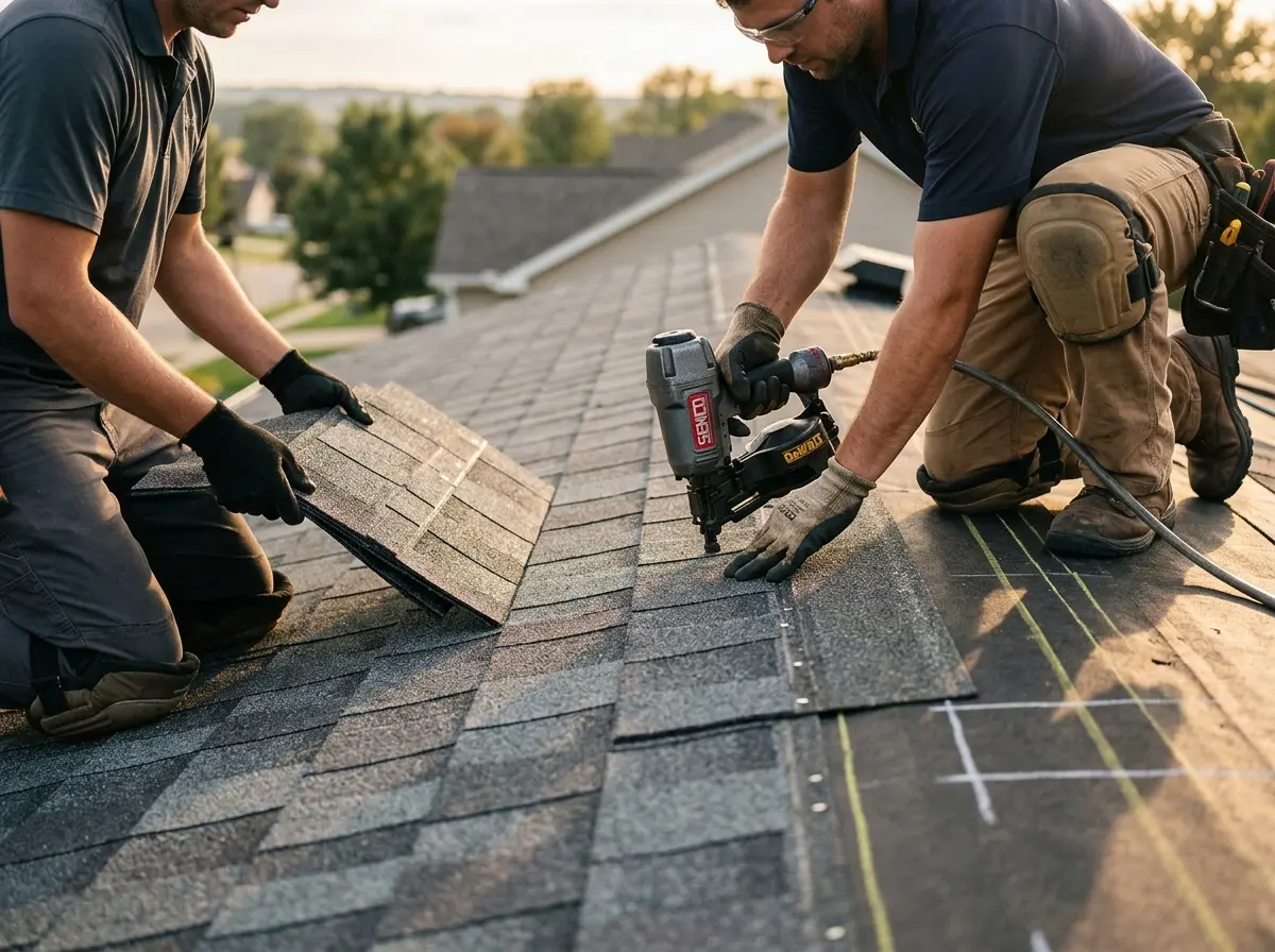 Professional roofer working on a residential roof in Roy